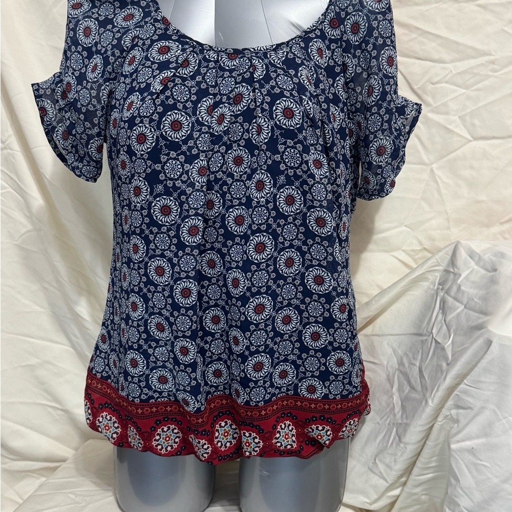 Roz & Ali Navy and Red Patterned Blouse